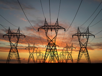 3D Electric powerlines over sunrise
